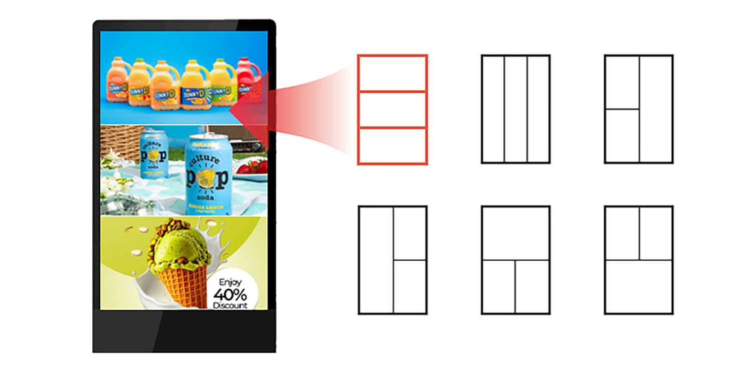 Indoor LCD digital signage with split screen options for flexible content display.