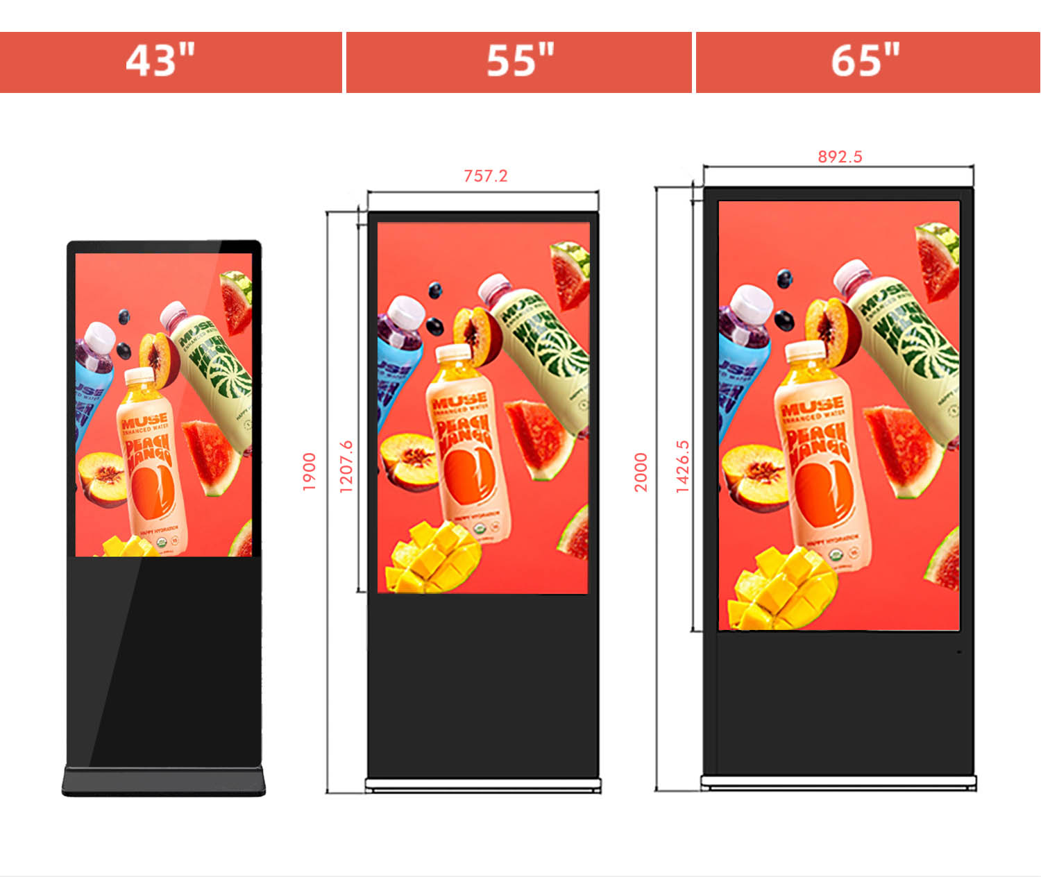 Indoor LCD display size and dimension chart for installation reference.