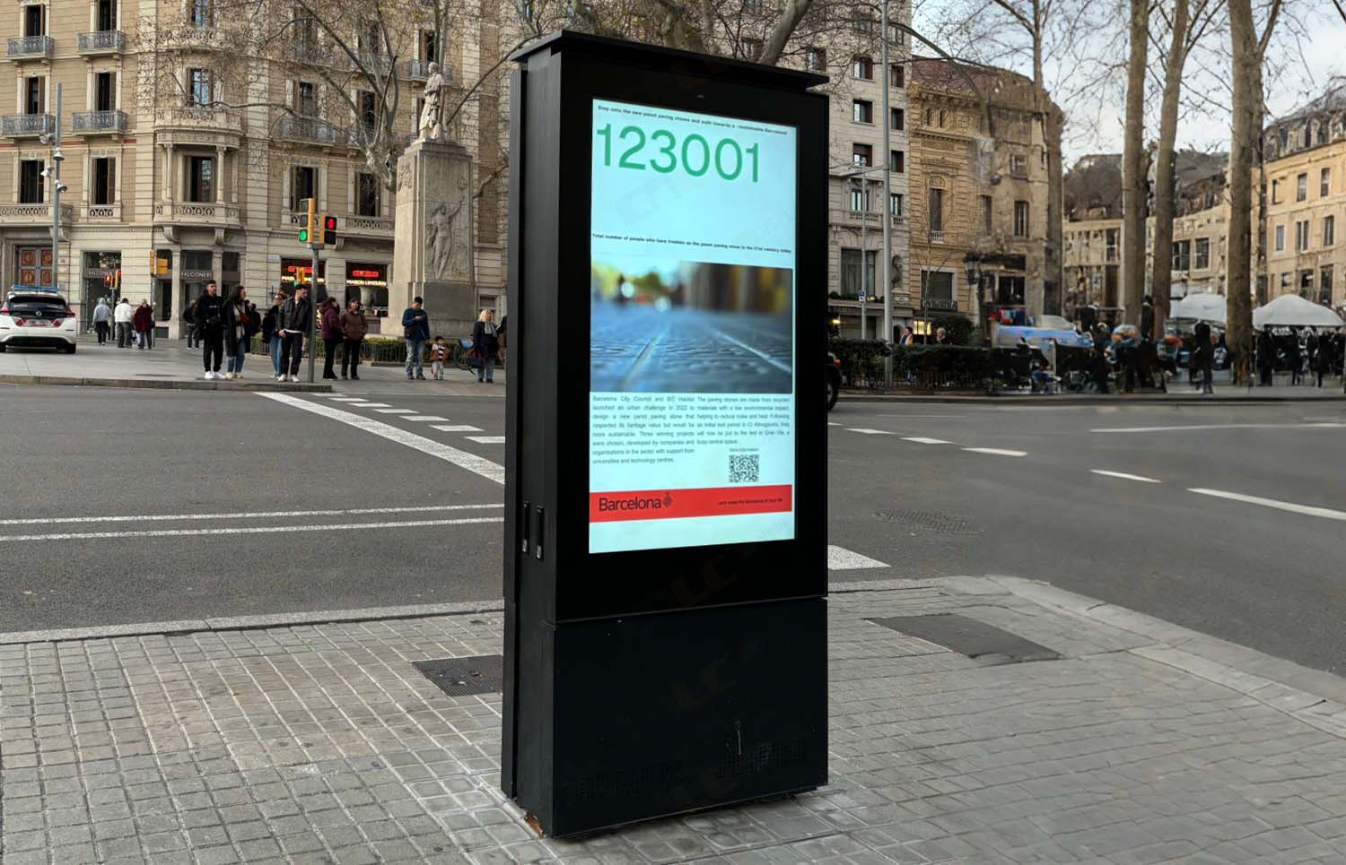 outdoor digital signage installed on european street for smart city information and advertising