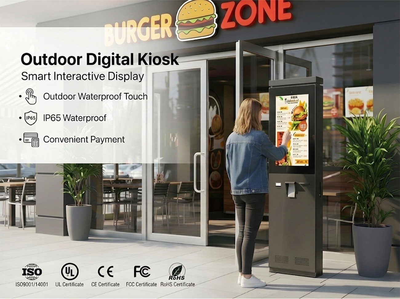 Smart City Outdoor Interactive Kiosk Application Outdoor interactive kiosk used for smart city wayfinding and public information display in urban environment