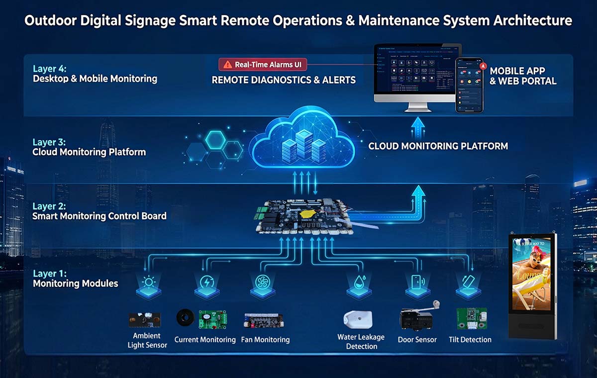 How a Digital Signage Remote Monitoring System Works Digital signage remote monitoring system architecture showing sensors, monitoring control board, cloud platform and remote management