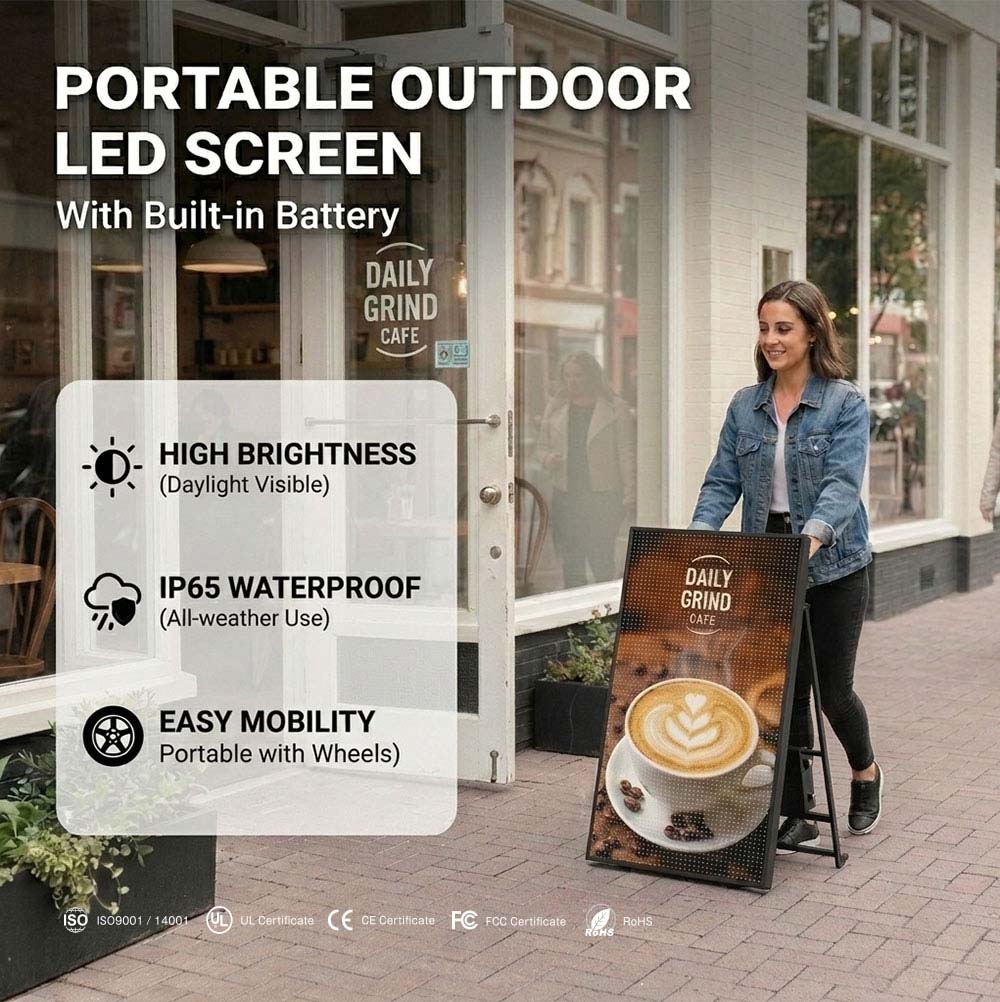 Attract More Foot Traffic Portable LED sign placed outside a retail store for digital advertising and customer engagement