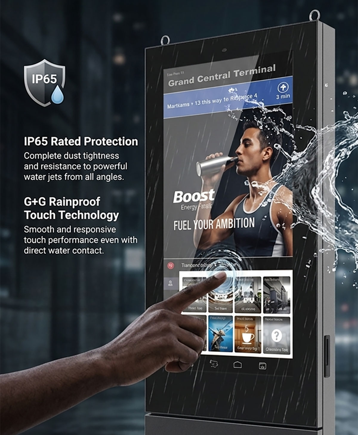 All-Weather Touch Experience IP65 waterproof touchscreen interactive kiosk designed for reliable public use in outdoor environments