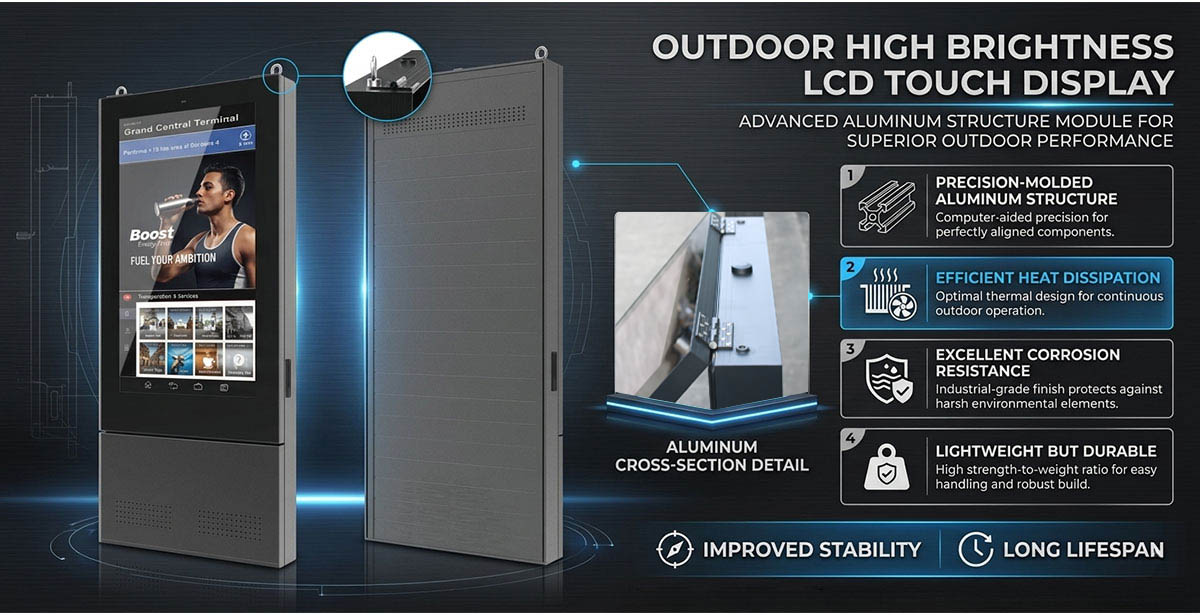 Durable Aluminum Construction Outdoor interactive LCD kiosk with durable aluminum structure designed for long-term smart city applications