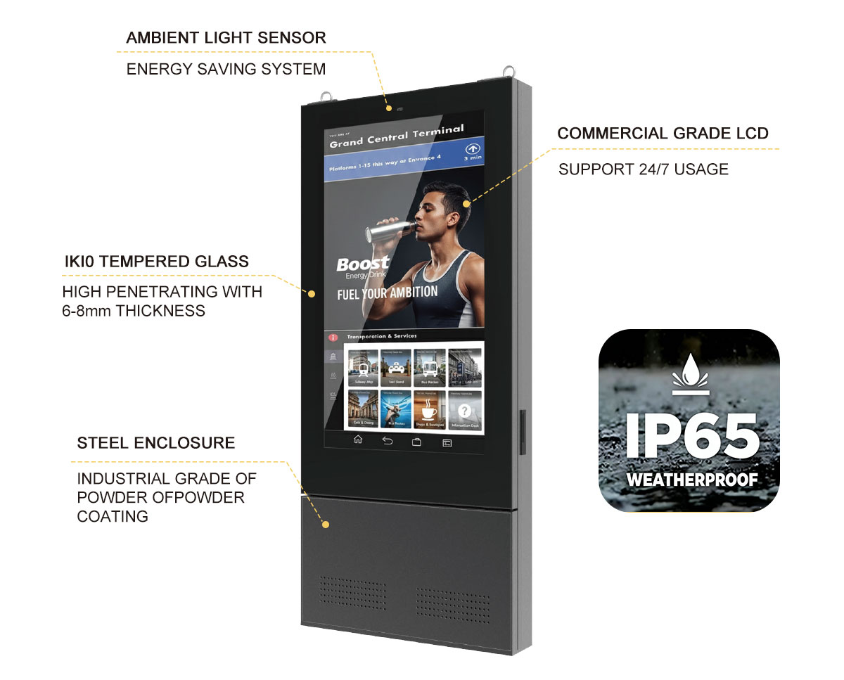 Engineered for Public Environments Smart city kiosk featuring ambient light sensor, IK10 tempered glass, steel housing, and commercial grade LCD display