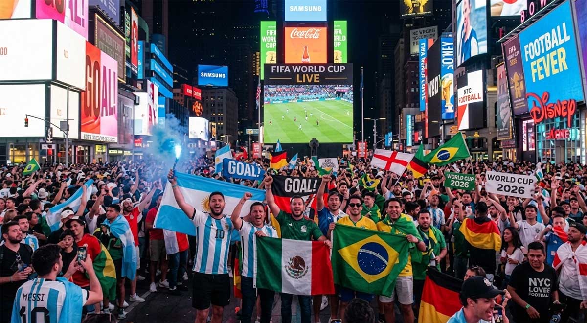 Crowds gathering around outdoor LED advertising displays in Times Square during a major football tournament.