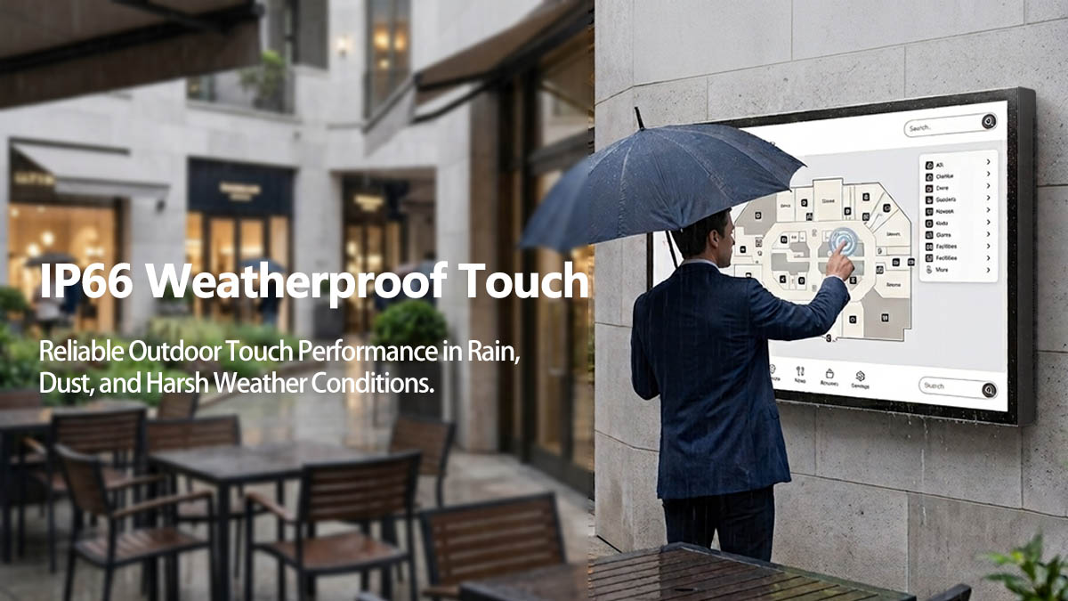 Waterproof Outdoor TV | IP66 Weatherproof Touch Display IP66 Waterproof Outdoor TV with responsive touch technology, designed for reliable operation in rain, dust, and harsh outdoor environments.