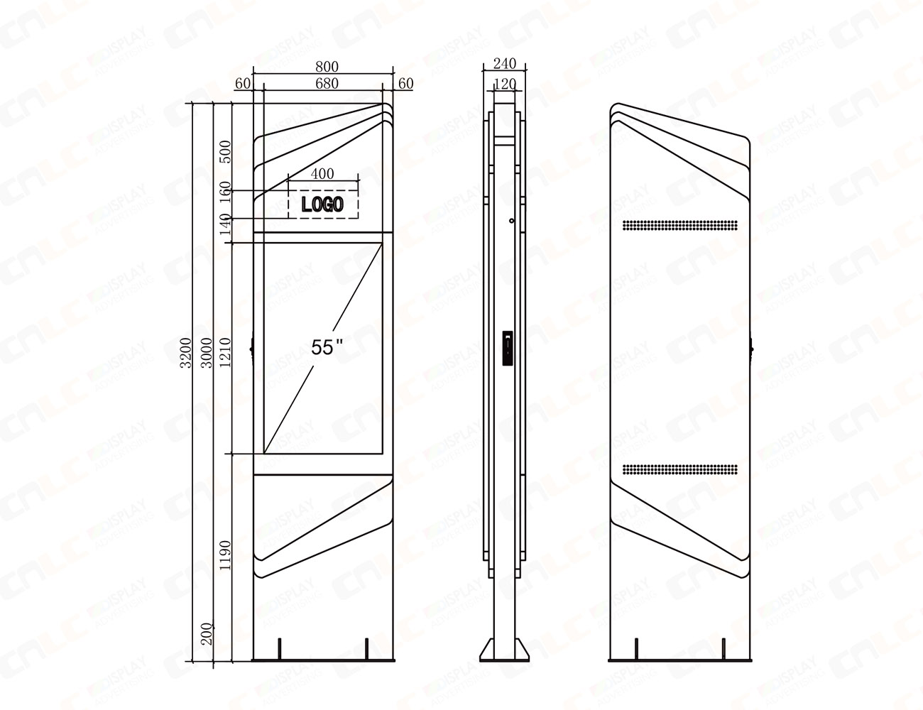 Technical drawing of smart city interactive kiosk showing dimensions and installation specifications