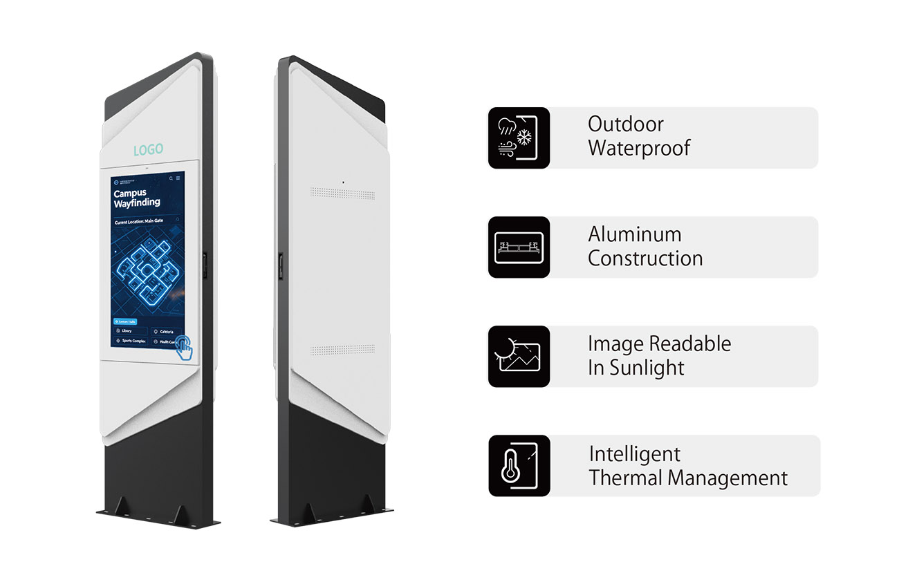 Smart city kiosk featuring ambient light sensor, IK10 tempered glass, steel housing, and commercial grade LCD display