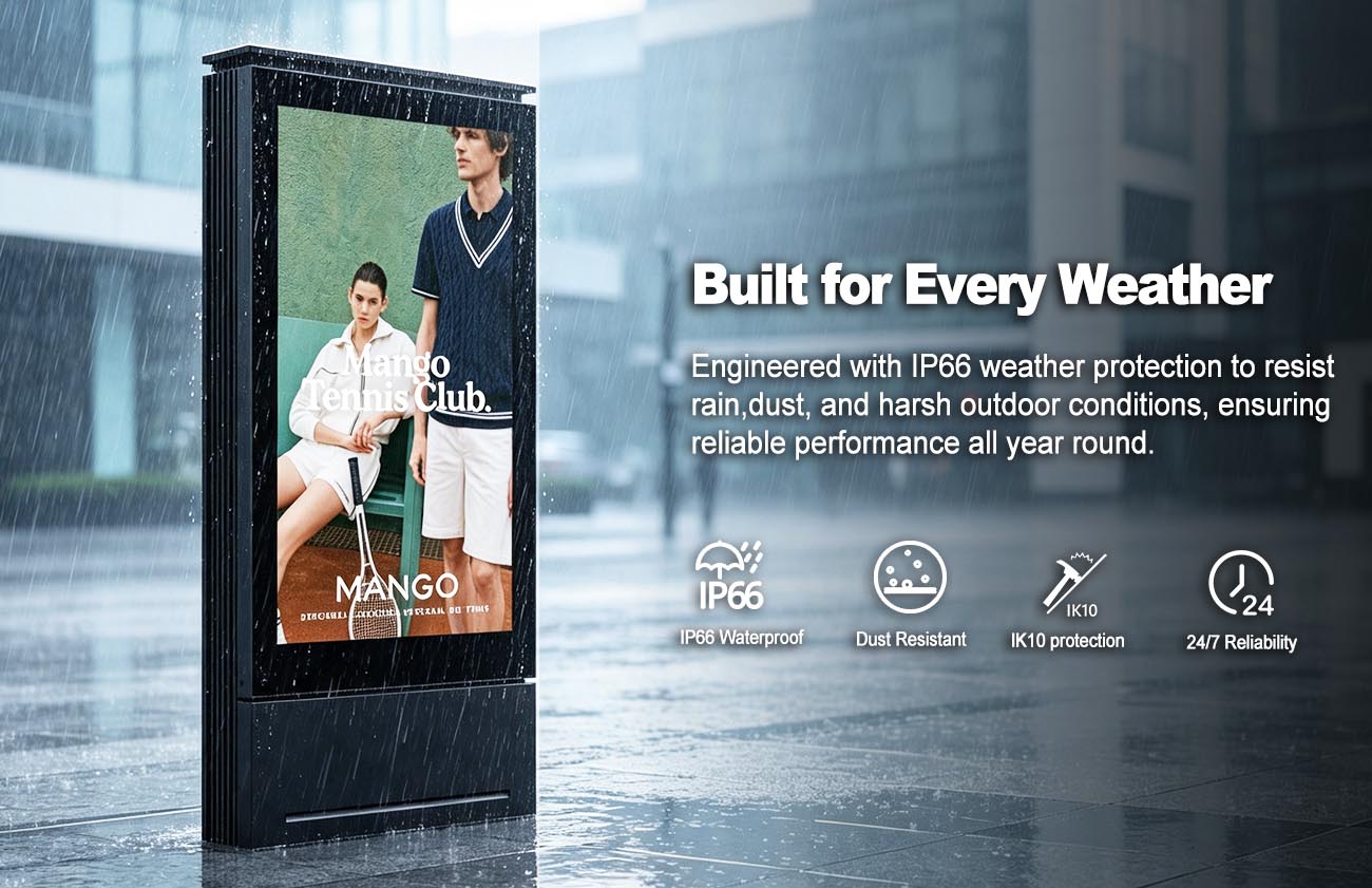 IP66 Outdoor LED Totem Built for All-Weather Digital Signage Outdoor LED signage operating in heavy rain with IP66 waterproof protection