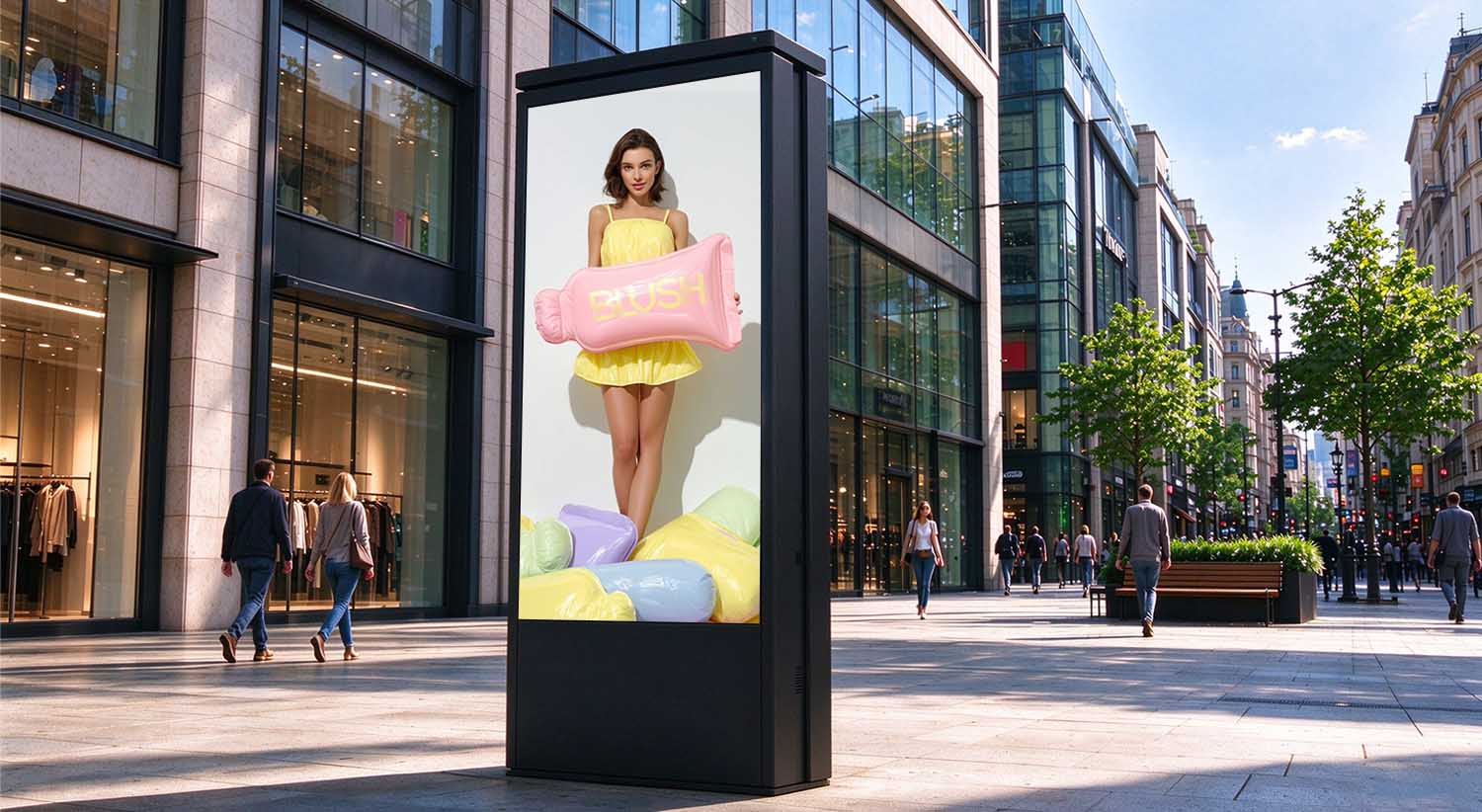 Outdoor LED Advertising in Urban Commercial Streets Freestanding LED advertising display for close-viewing digital out-of-home advertising in a commercial pedestrian street