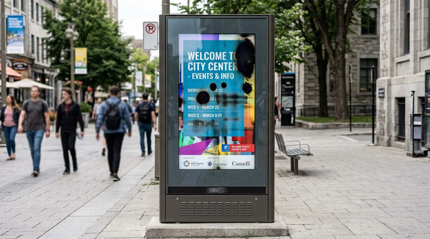Outdoor LCD Display with Dark Spots Outdoor LCD display showing dark spots and localized black areas on the screen.