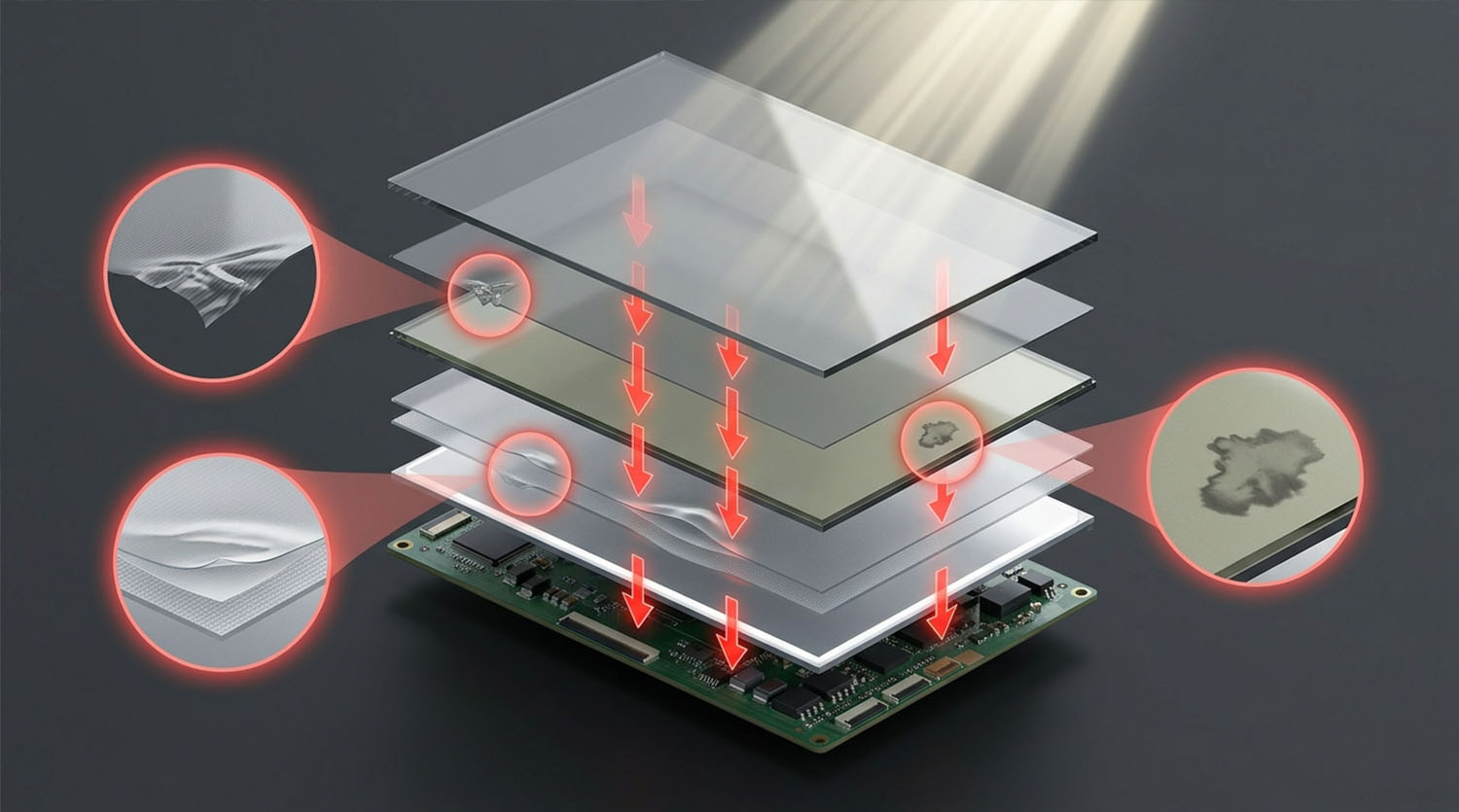 Exploded view of an outdoor LCD display illustrating solar heat transfer through the front surface, enclosure, polarizer, liquid crystal layer, and backlight films.