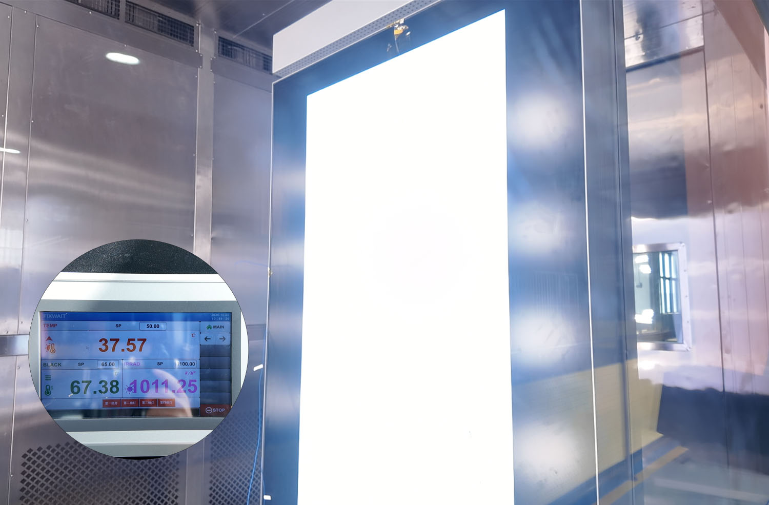 Outdoor LED display sample undergoing solar radiation testing in an environmental test chamber.
